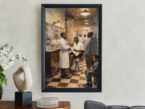 Vintage Barbershop Scene Wall Art Nostalgic Barber Shop Painting Retro Artwork Classic Haircut Poster Old School Decor