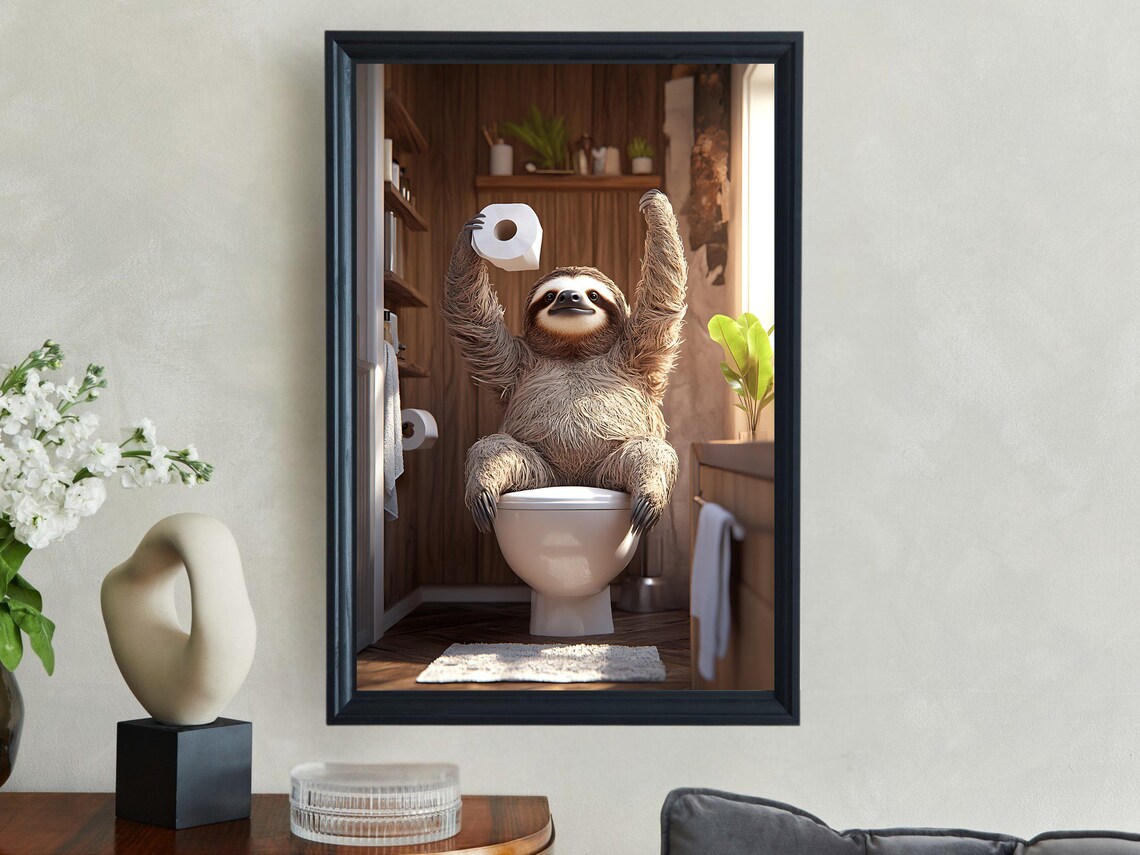 Cheerful Sloth Triumphantly Holding Toilet Paper on Toilet Poster - Image 2