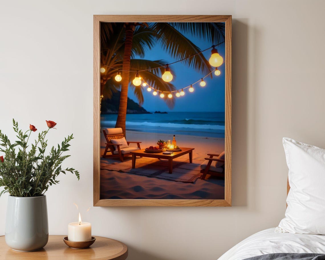 Evening Beach Picnic Under String Lights Cozy Seaside Poster