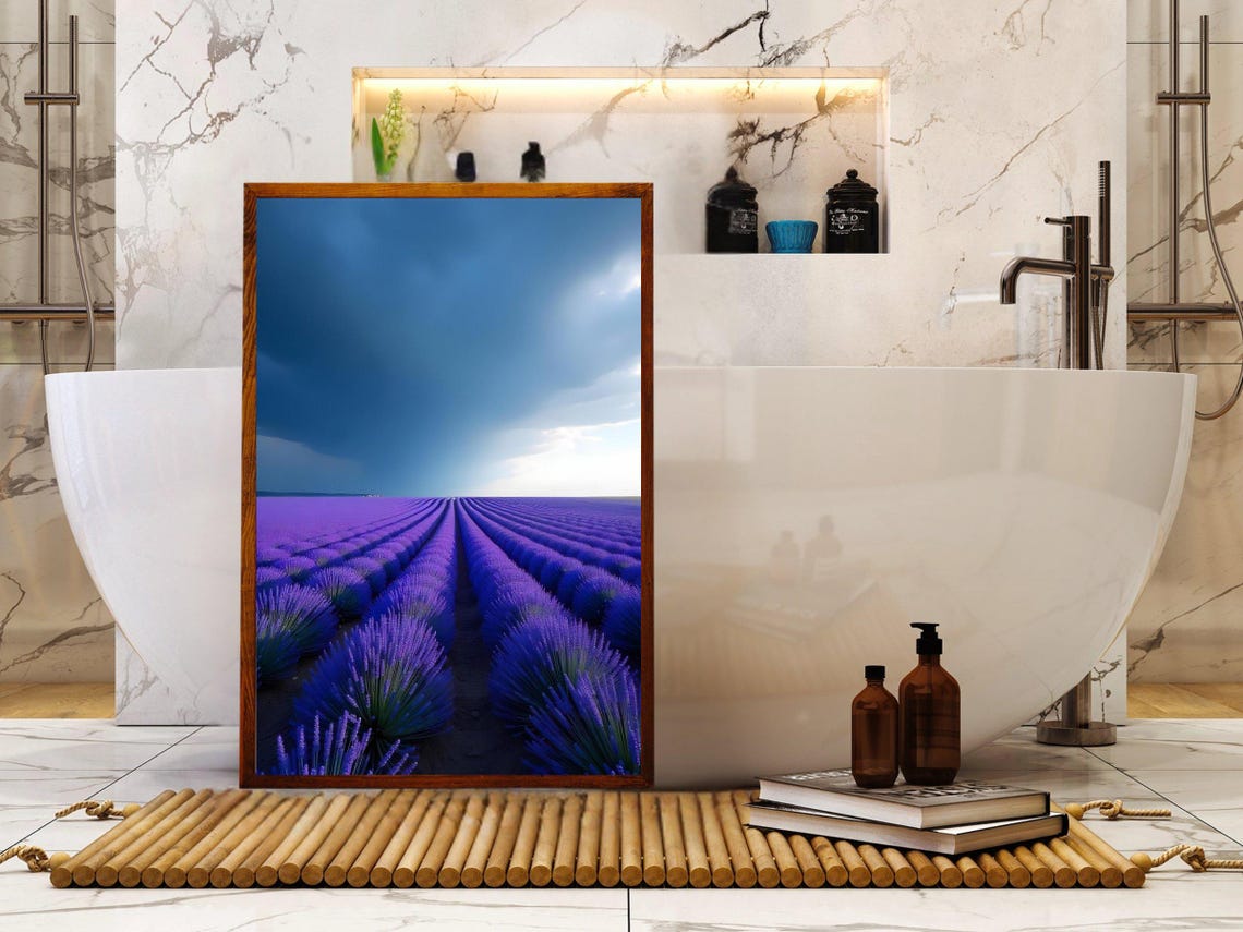 Endless Lavender Field Rows Under a Dramatic Stormy Sky Poster - Image 4