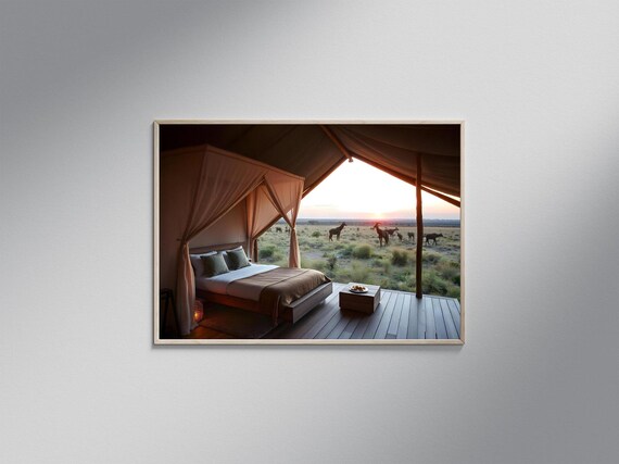Safari Tent Bedroom Overlooking Giraffes on the Savanna at Sunset Poster