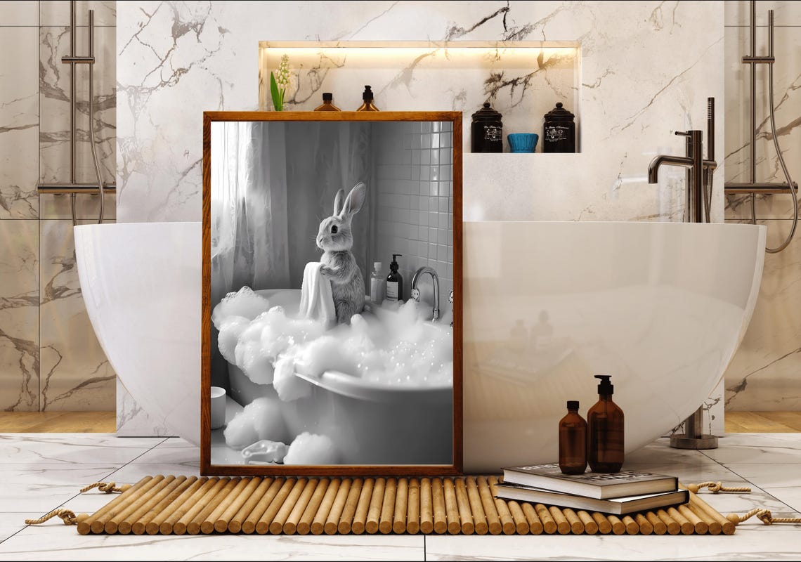Bunny Sitting in a Bubble Bath Black and White Bathroom Decor Poster - Image 5