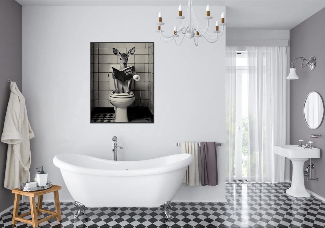 Deer Reading a Book on the Toilet with Toilet Paper Funny Poster - Image 2