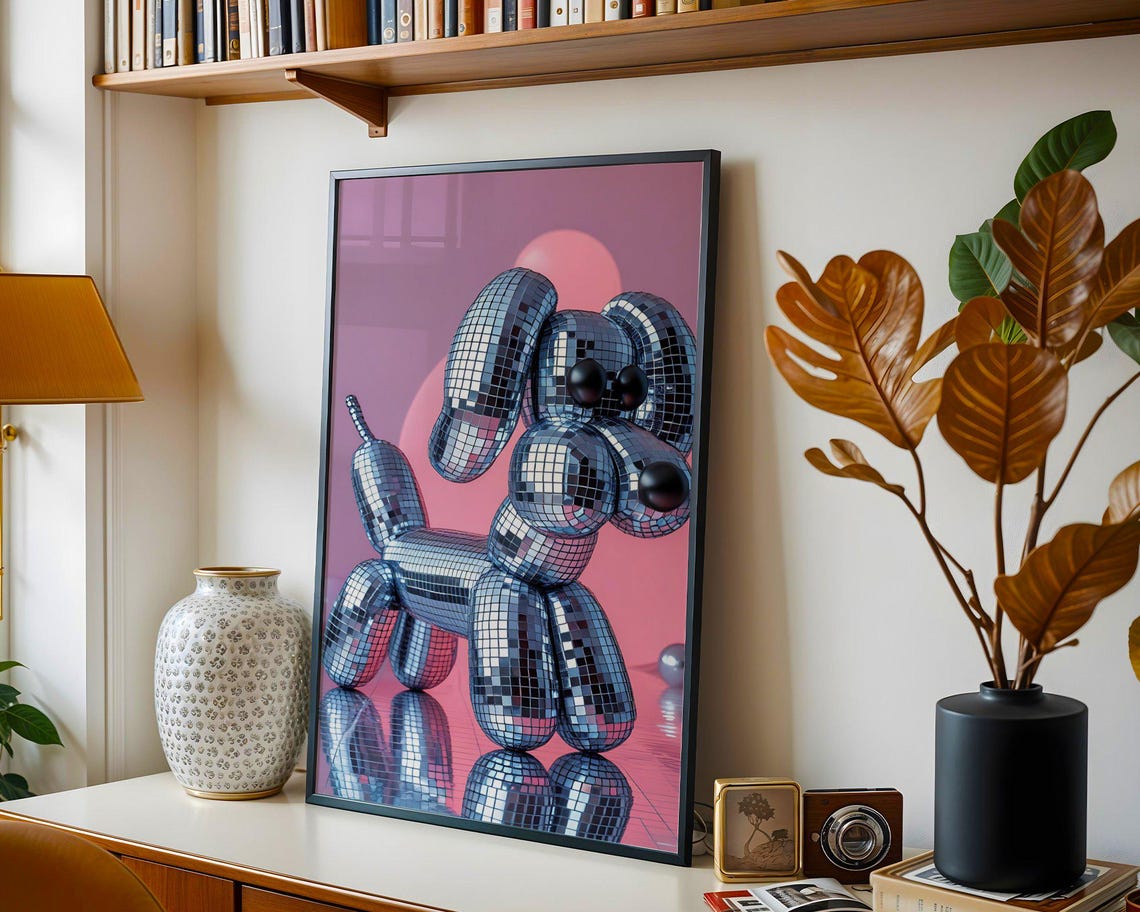 Disco Tile Balloon Dog Sculpture Art Pink Pop Art Decor Poster - Image 5