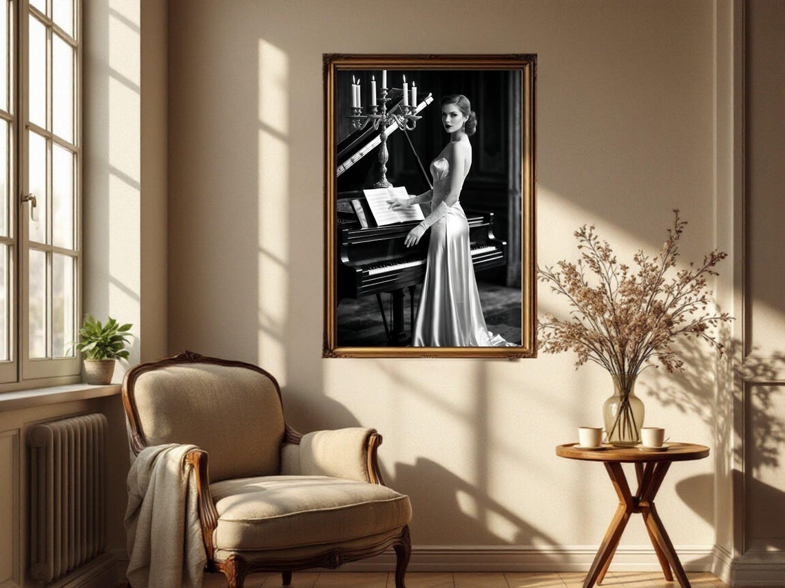 Woman in Satin Gown at Grand Piano with Candelabra, B&W Poster - Image 2