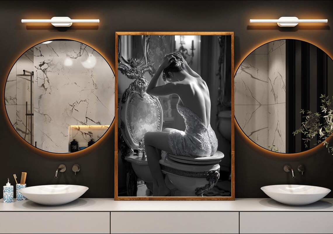 Black And White Fine Art Photograph Of A Woman In A Vintage Bathroom Poster - Image 3