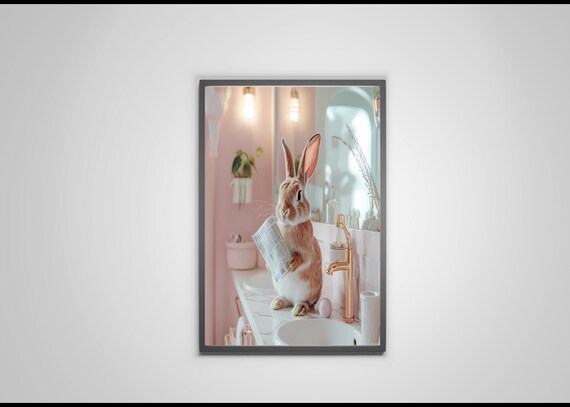 Bunny Reading the Newspaper in a Pink Bathroom Cute Animal Poster