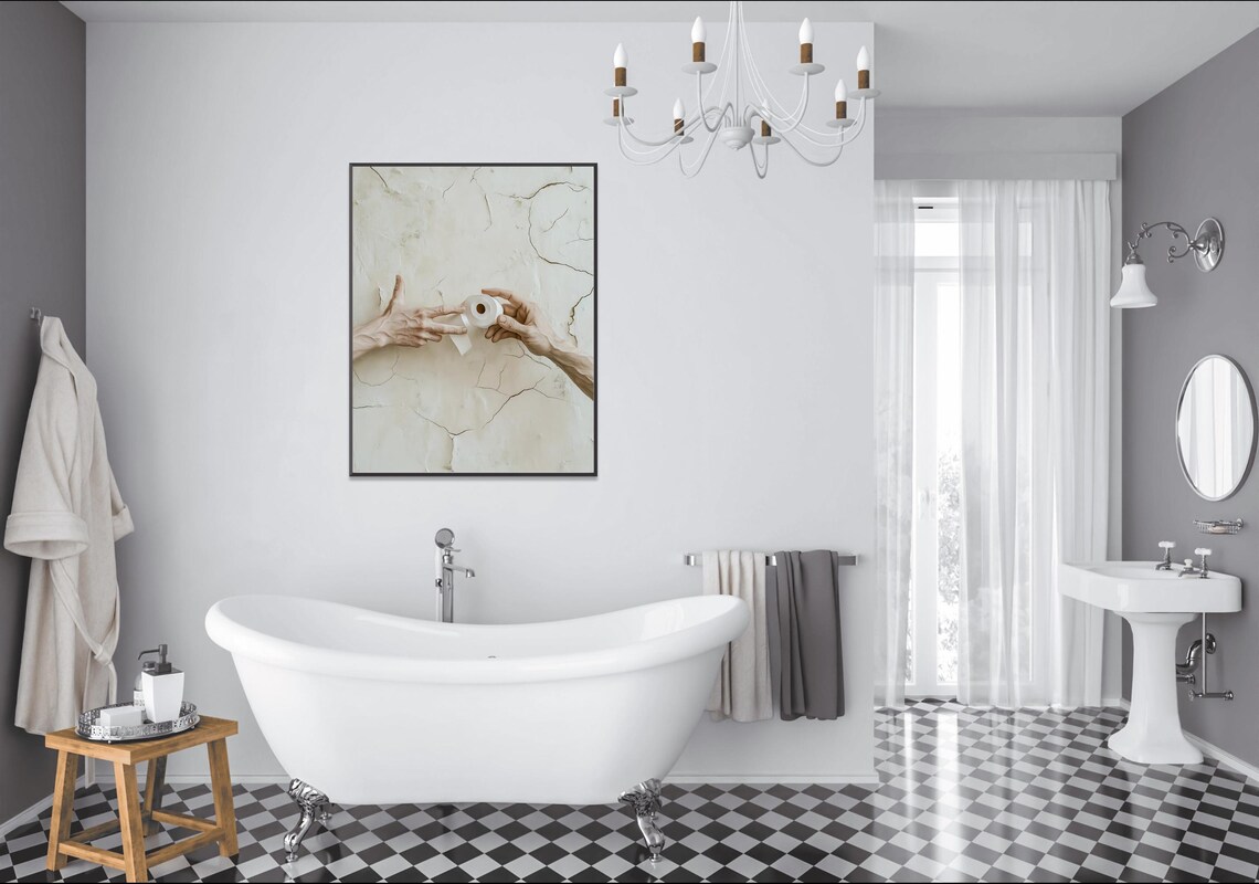Creation of Adam Parody with Toilet Paper Funny Bathroom Art Poster - Image 2