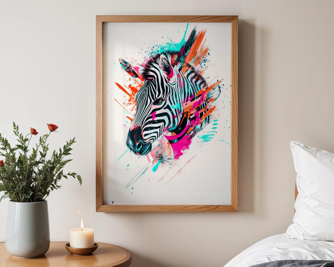 Abstract Zebra Portrait in Neon Splash Paint Modern Wild Poster
