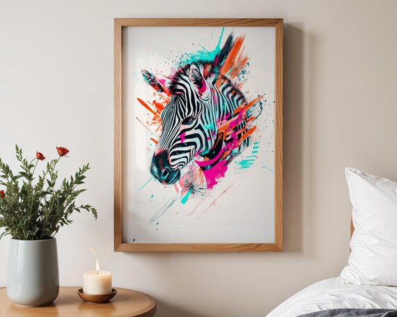 Abstract Zebra Portrait in Neon Splash Paint Modern Wild Poster