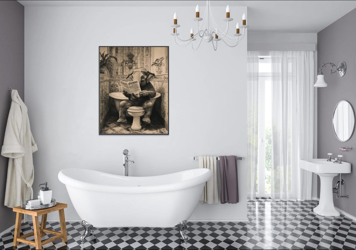 Baby Elephant Reading Newspaper On Toilet Funny Animal Poster - Image 2