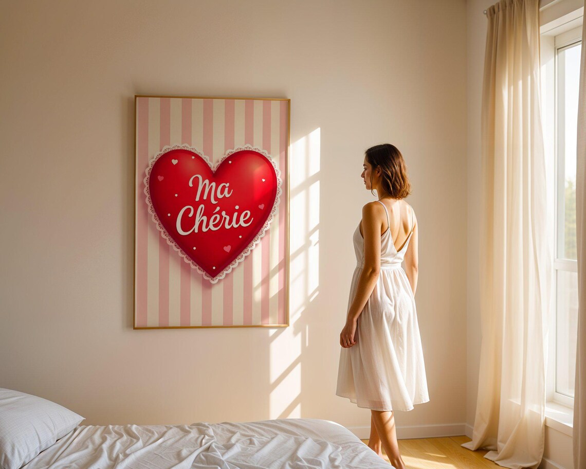 Ma Cherie Red Heart on Pink Stripes Romantic Love Valentine Poster - Image 4