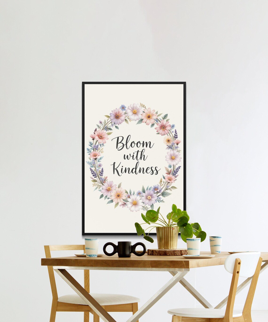 Bloom With Kindness Pastel Floral Wreath Inspirational Quote Poster - Image 2