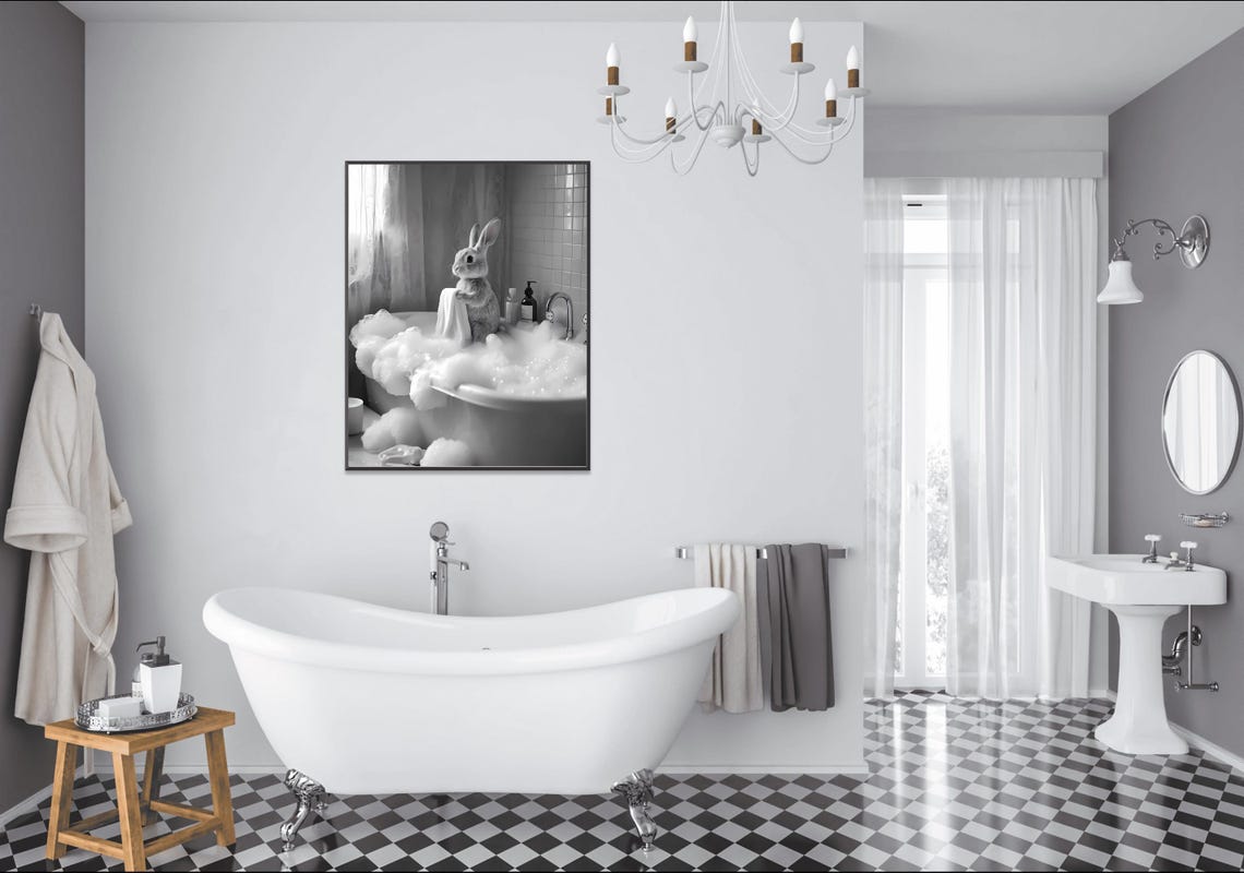 Bunny Sitting in a Bubble Bath Black and White Bathroom Decor Poster - Image 2