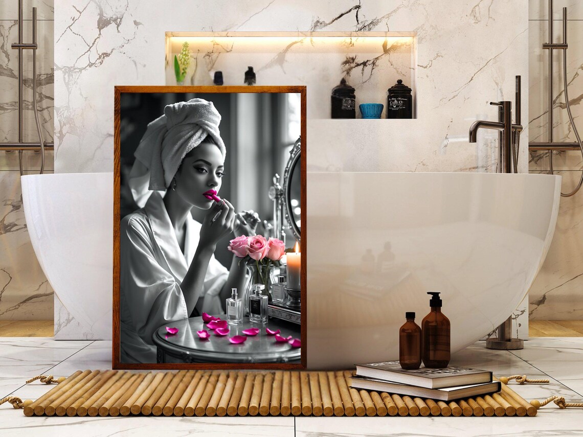 Woman in a Towel Turban Applying Pink Lipstick at a Vanity Poster - Image 5