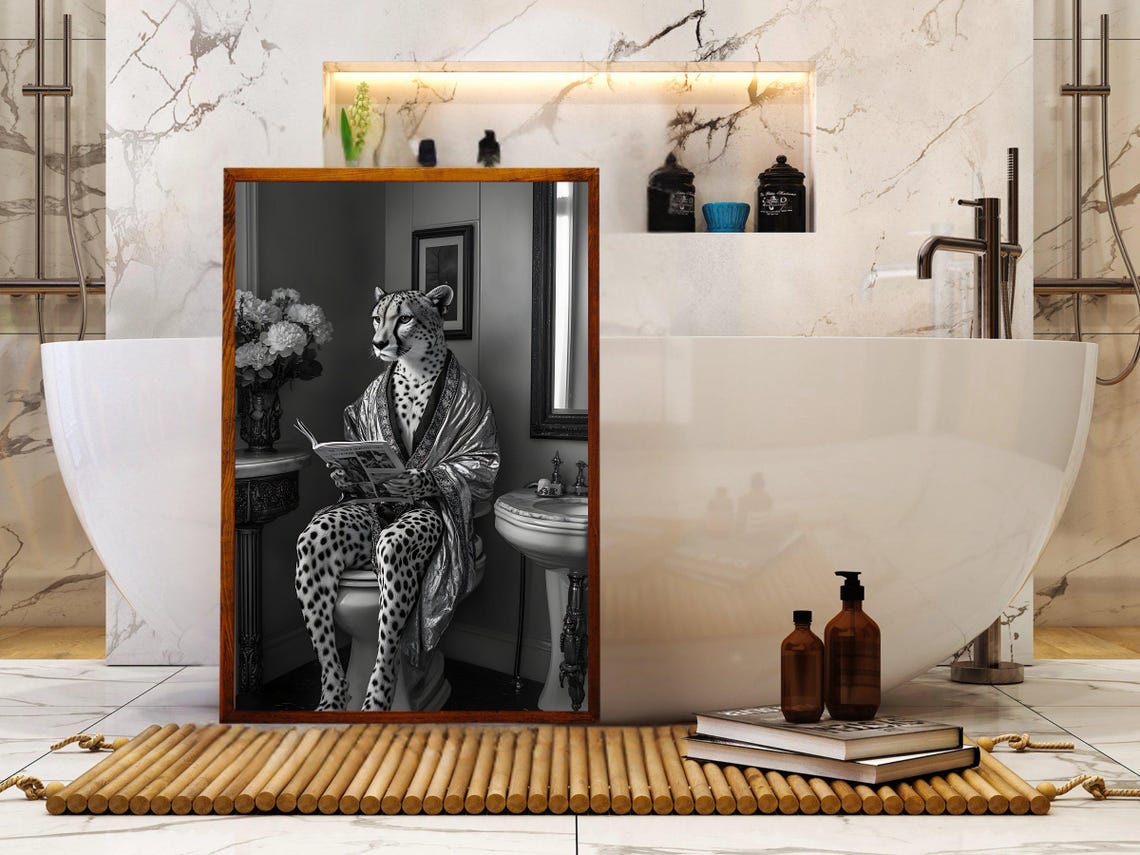 Cheetah In Satin Robe Reading On Toilet Black And White Poster - Image 5