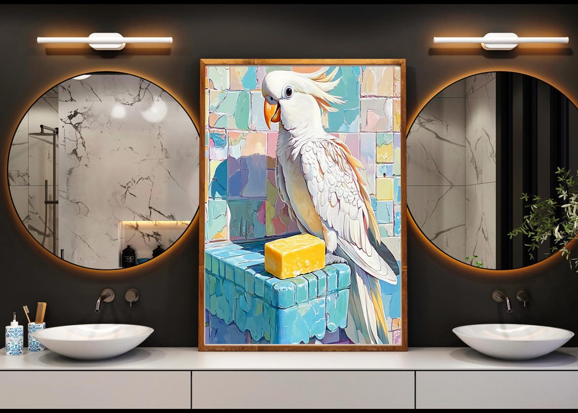 White Cockatoo Perched On Mosaic Tile Ledge With Yellow Soap Poster - Image 4