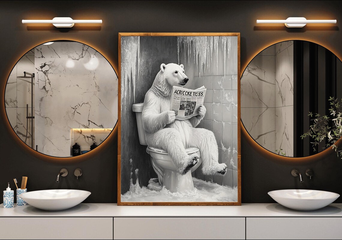 Polar Bear Reading the Paper on the Toilet in an Icy Bathroom Poster - Image 3