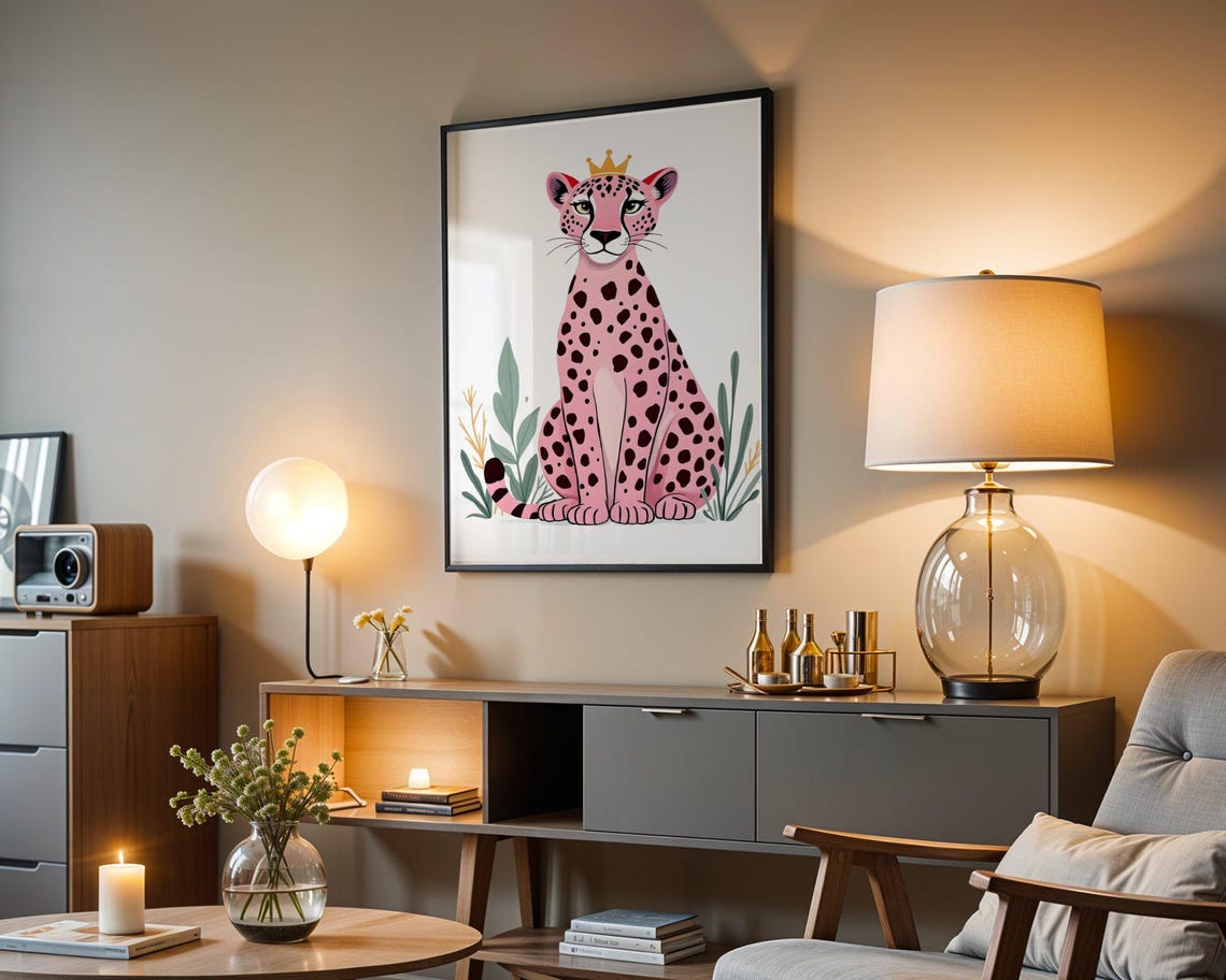 Pink Leopard with Gold Crown Sitting Among Leaves Nursery Poster - Image 3