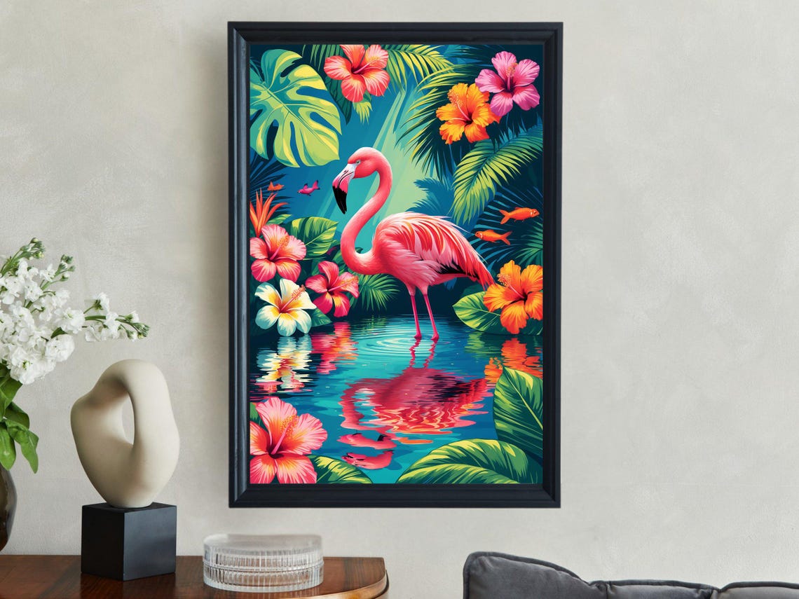 Pink Flamingo In Tropical Lagoon With Hibiscus Blooms Poster