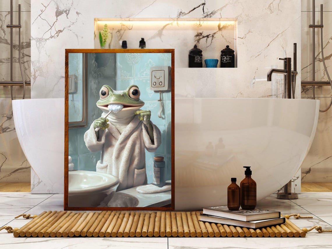 Charming Frog in Bathrobe Brushing His Teeth at the Sink Poster - Image 5