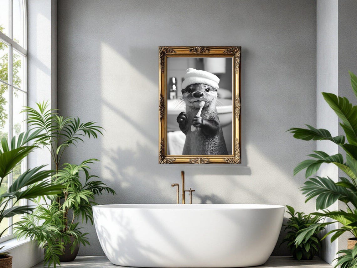 Otter Brushing Teeth With Towel On Head Black And White Poster - Image 3