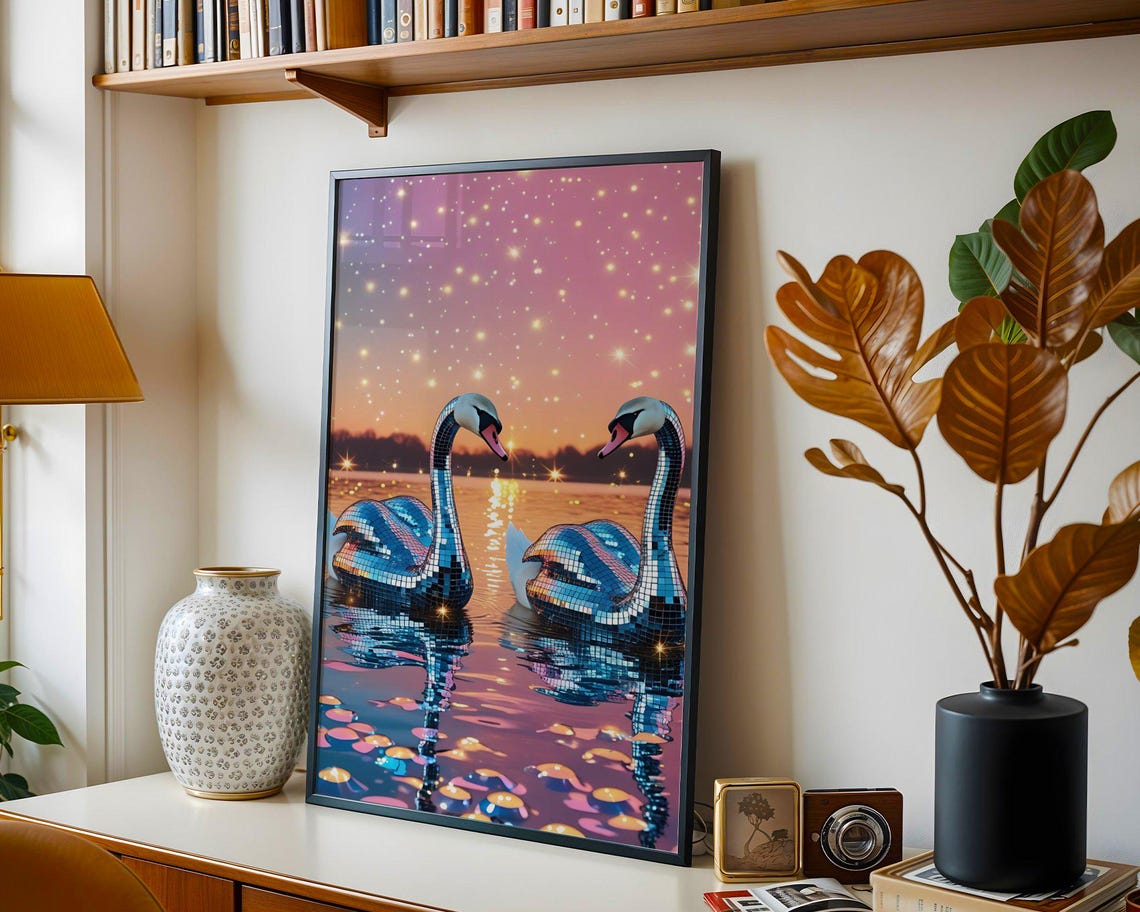 Mirror Disco Ball Swans Pink Sunset Lake Reflection Art Poster - Image 5