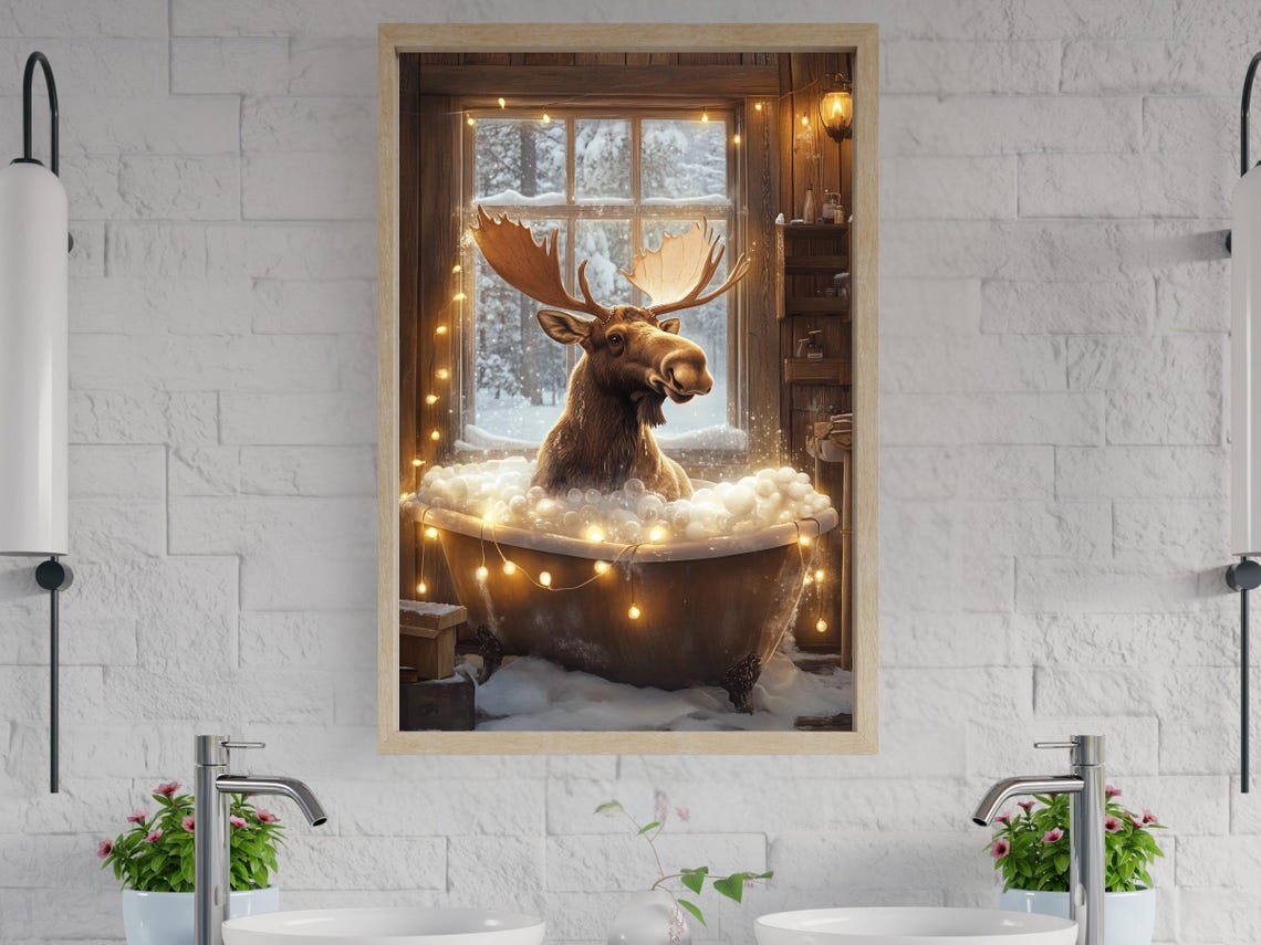 Moose in a Bubble Bath by a Snowy Cabin Window Winter Poster