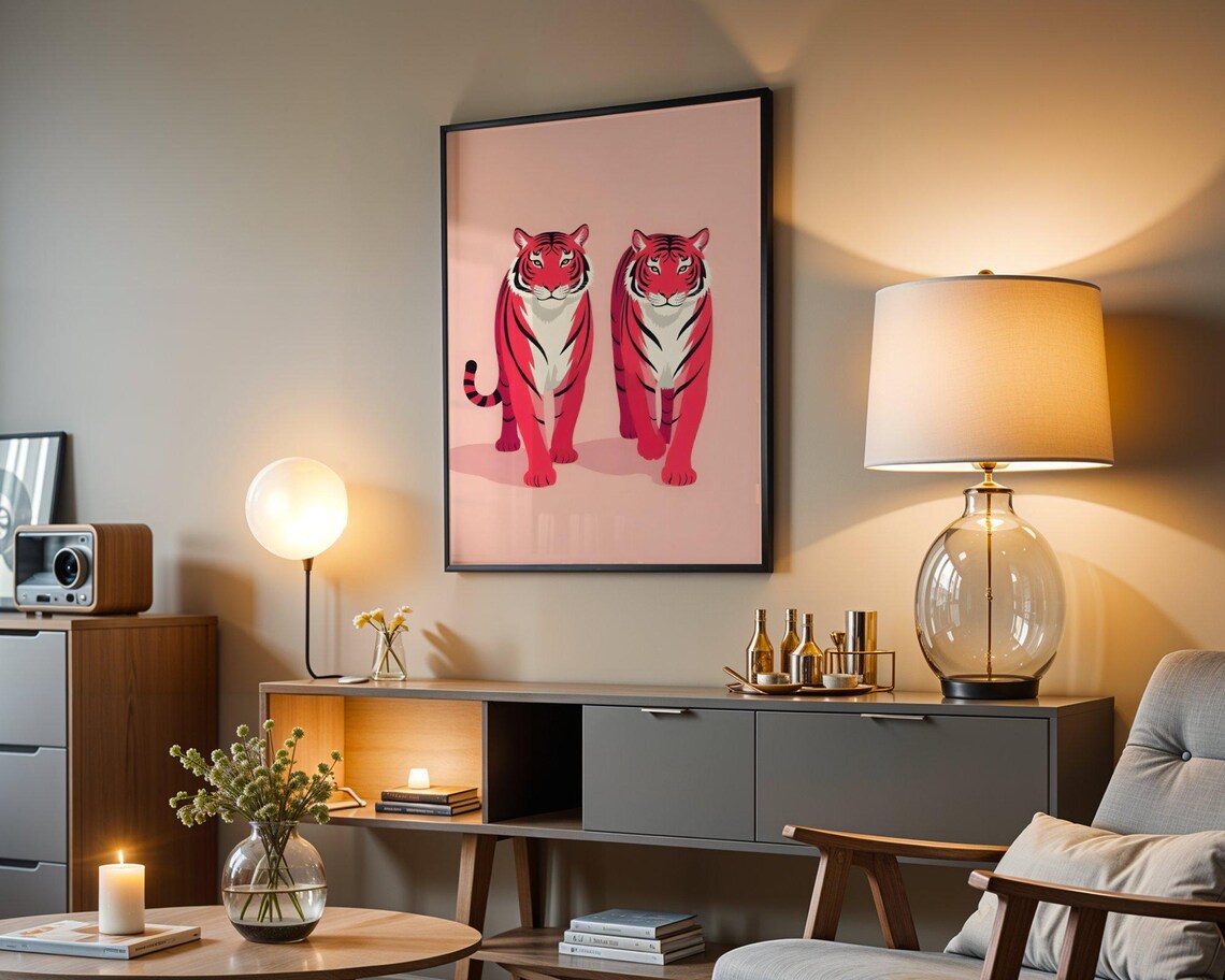 Pair of Red Tigers Walking Pink Background Modern Animal Art Print - Image 3