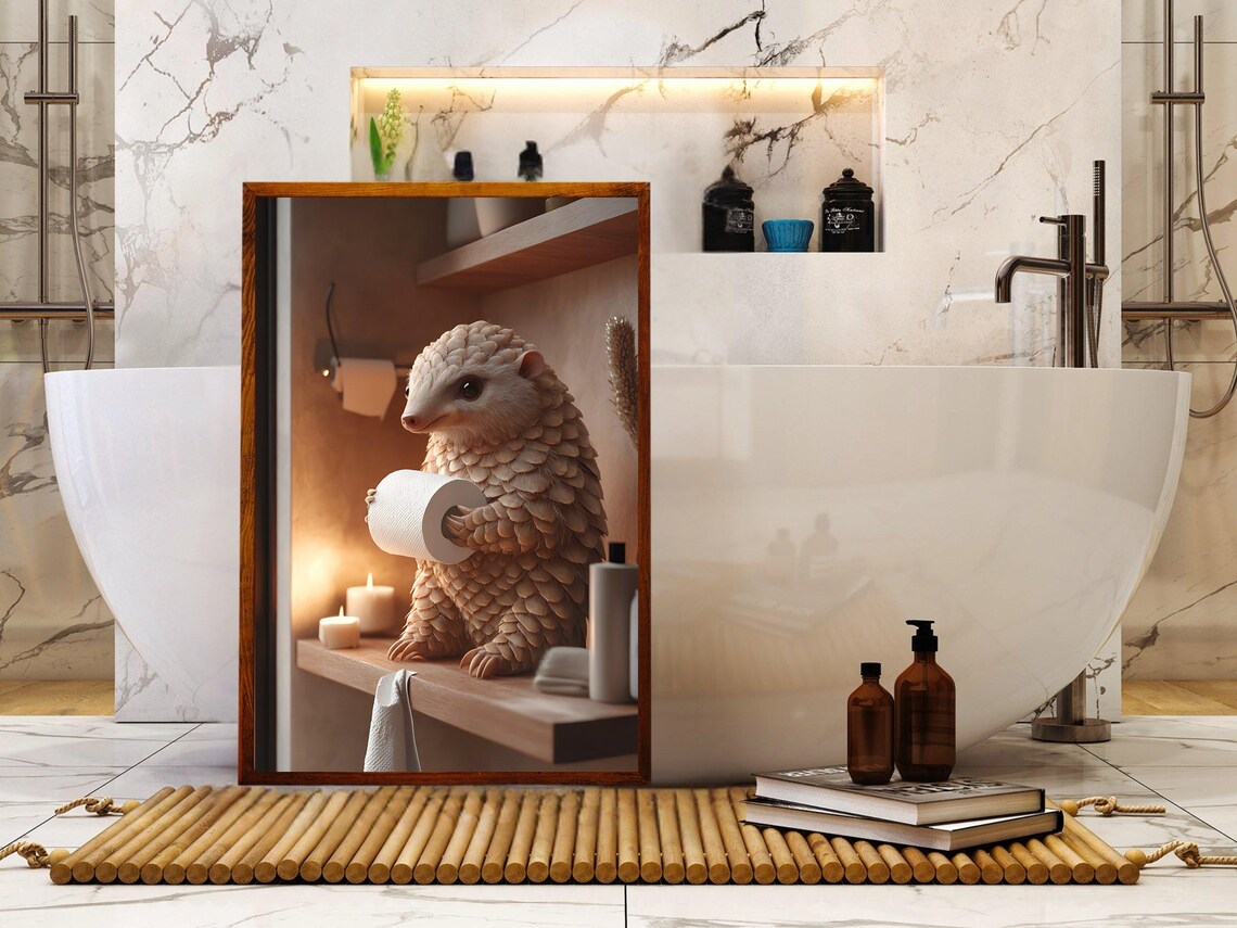 Pangolin Holding a Toilet Paper Roll on a Candlelit Bathroom Shelf Poster - Image 5