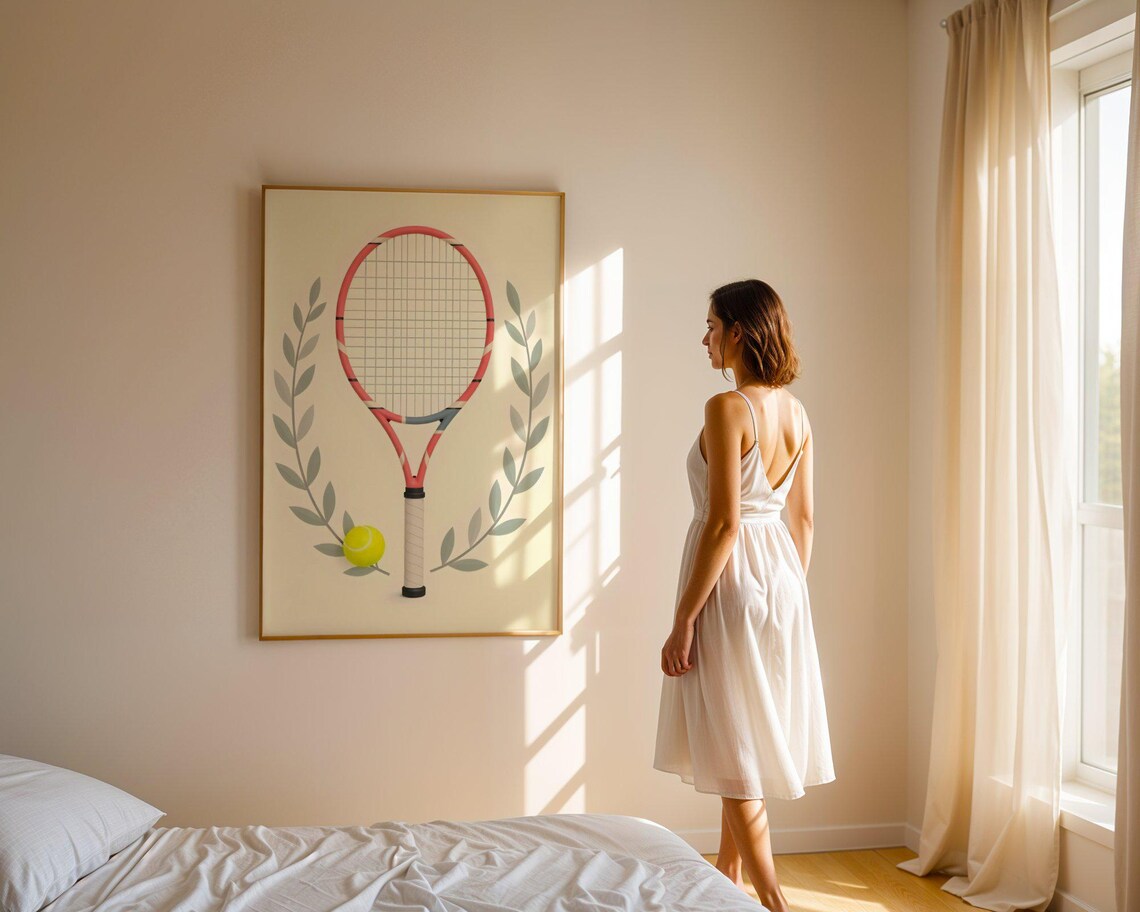 Tennis Racket And Ball Wall Art Preppy Wall Art Tennis Themed Decor Sports Lover Gift Minimalist Tennis Print Home Decor - Image 4