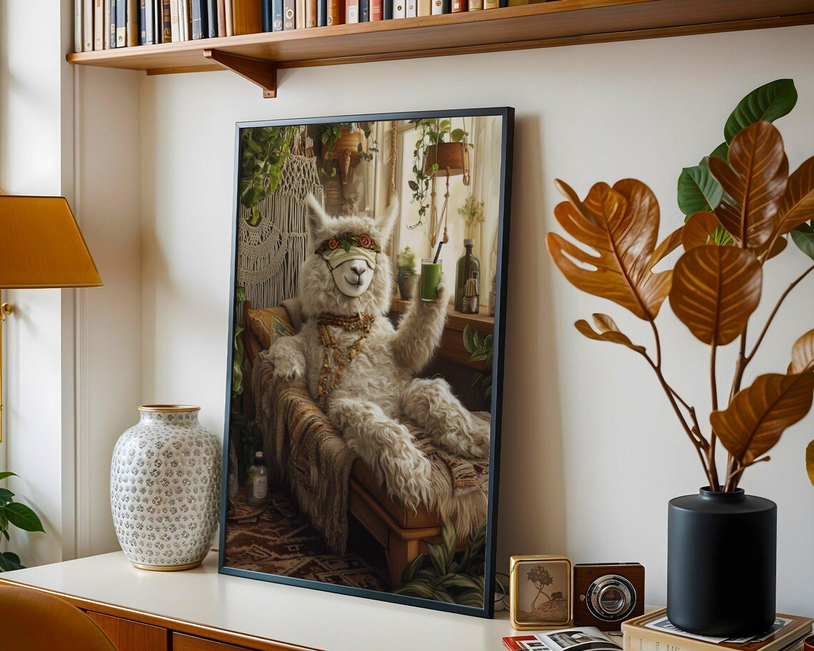 Boho Llama in a Sleep Mask Sipping a Green Smoothie at Home Poster - Image 4