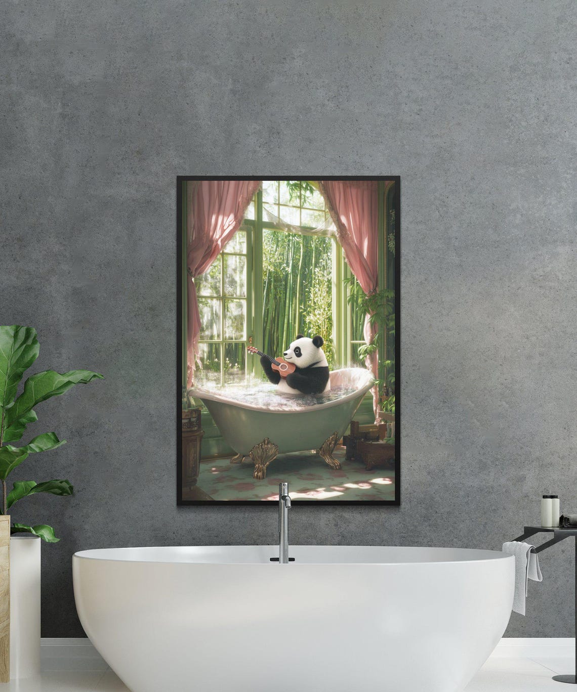 Panda Playing Ukulele in a Green Bathtub with Bamboo View Poster - Image 2