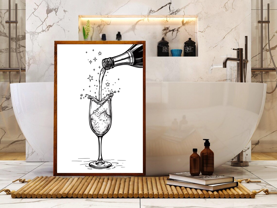 Champagne Bottle Pouring Into a Sparkling Flute Black and White Art Poster - Image 4