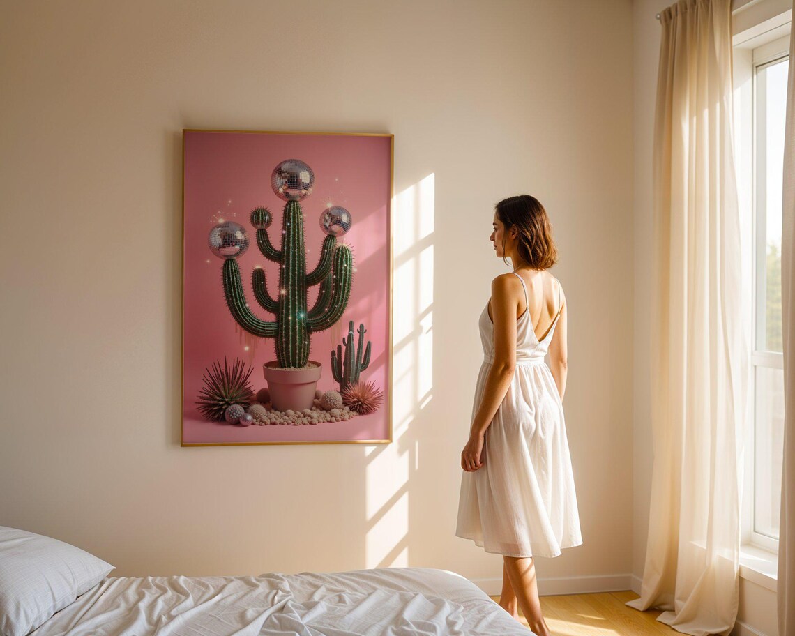 Potted Saguaro Cactus With Disco Ball Toppers Pink Plant Poster - Image 3