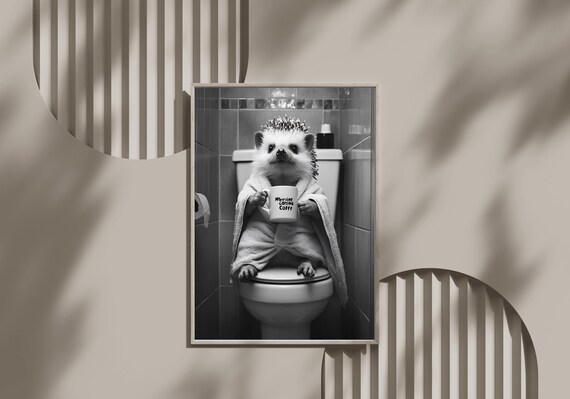 Hedgehog Drinking Coffee on the Toilet Funny Monochrome Bathroom Poster