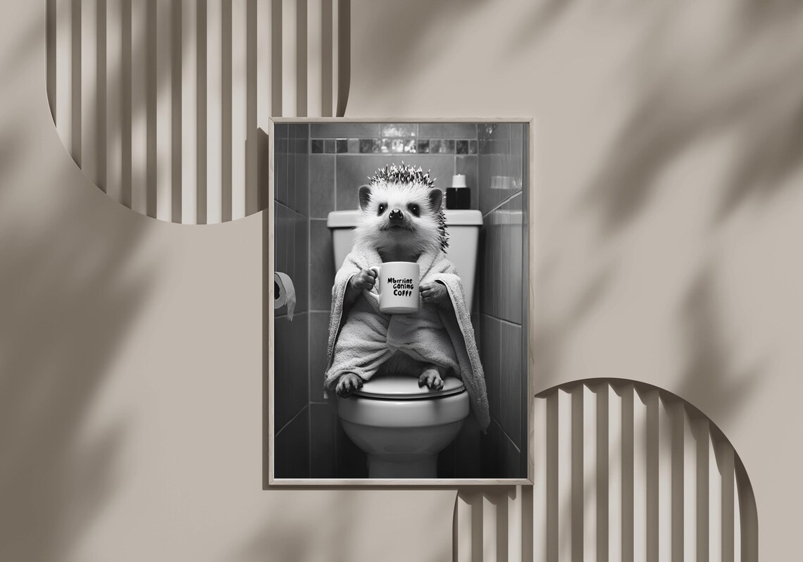 Hedgehog Drinking Coffee on the Toilet Funny Monochrome Bathroom Poster