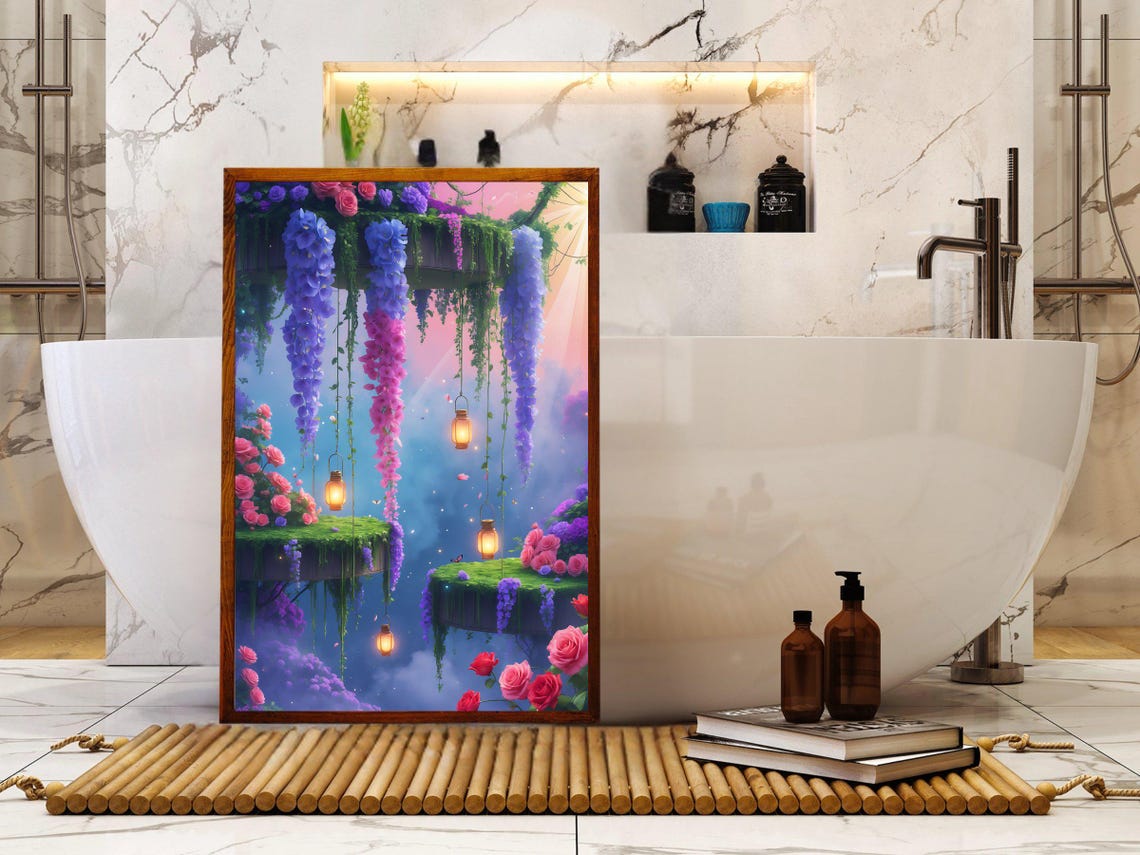 Fantasy Hanging Garden With Wisteria Roses And Glowing Lanterns Poster - Image 5