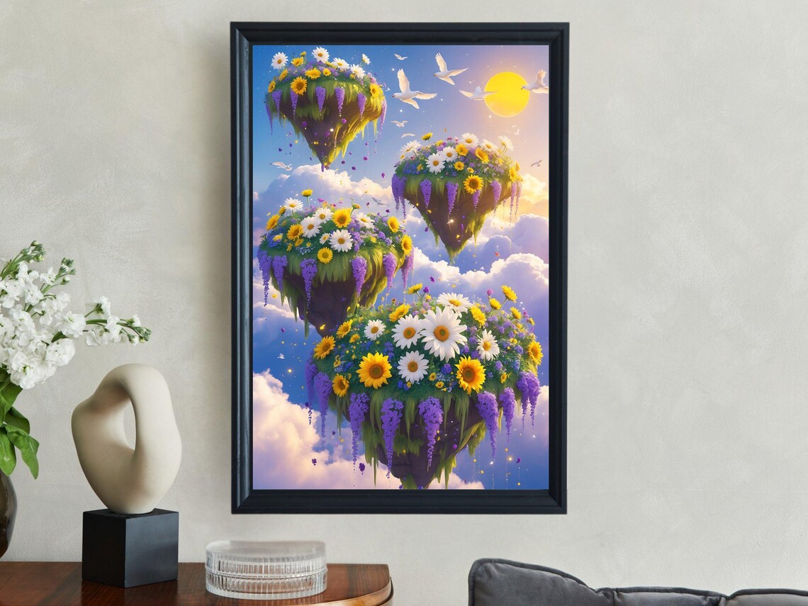 Floating Flower Islands With Sunflowers Under Sunny Sky Poster