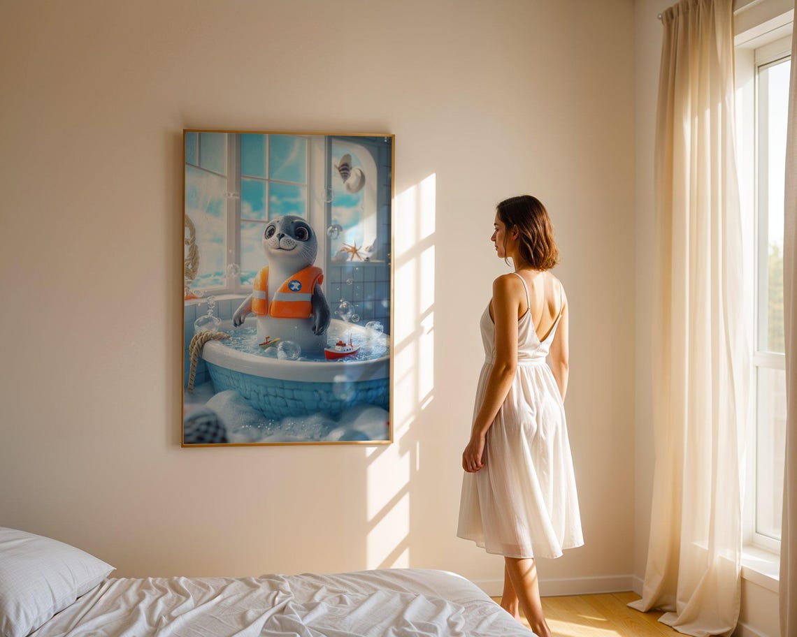 Baby Seal in a Life Jacket Playing in a Nautical Bubble Bath Poster - Image 3