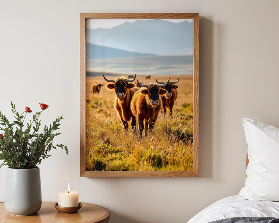 Highland Cattle Herd With Long Horns in Golden Meadow Poster
