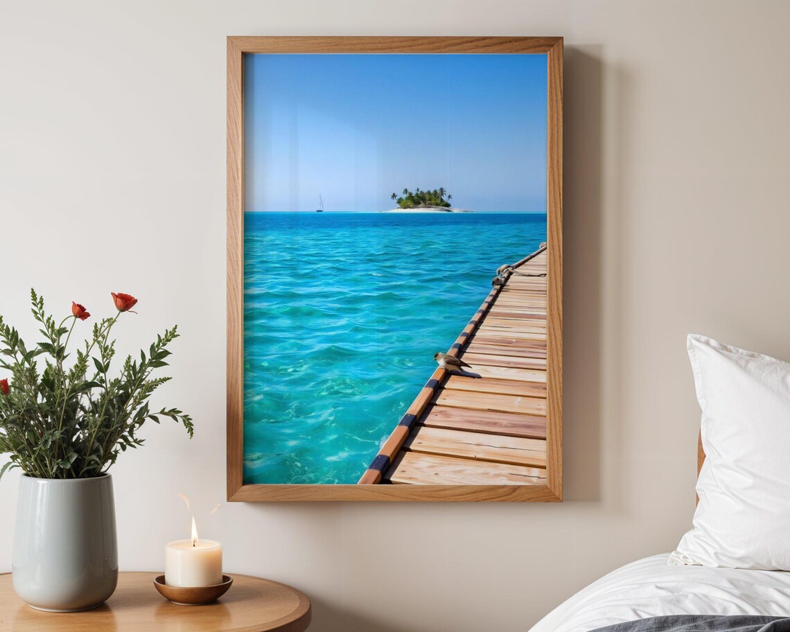 Wooden Pier Walkway Leading to Tropical Island with Sailboat Poster