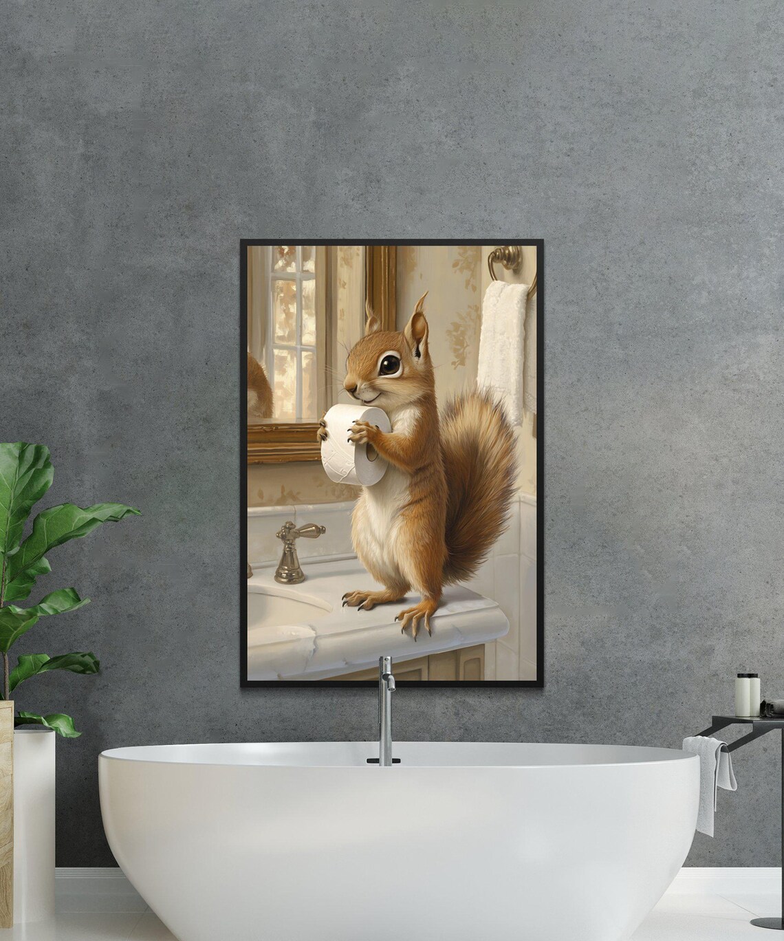 Cheerful Squirrel Holding a Toilet Paper Roll on a Bathroom Sink Poster - Image 2