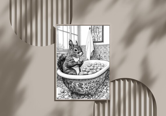 Squirrel In Vintage Bathtub Black And White Animal Art Poster