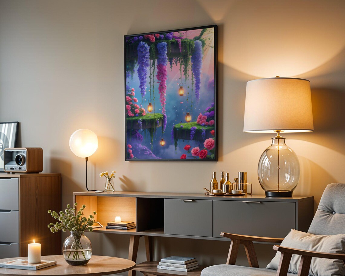 Fantasy Hanging Garden With Wisteria Roses And Glowing Lanterns Poster - Image 3
