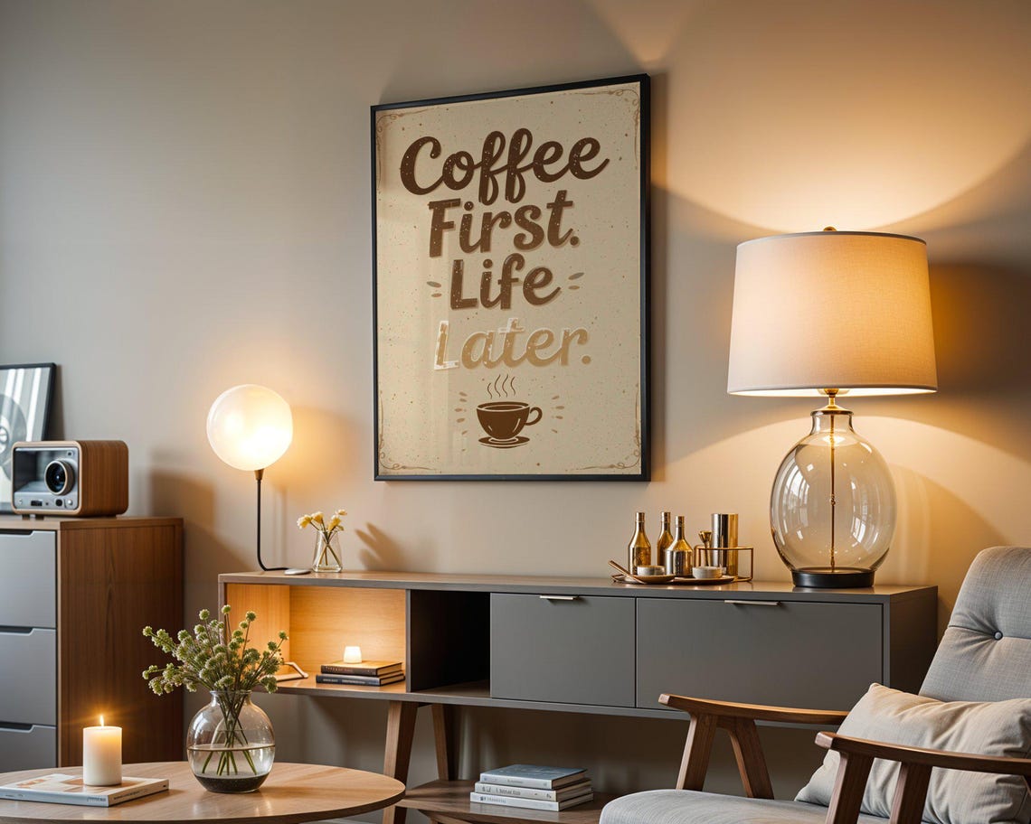 Coffee First Life Later Warm Retro Vintage Coffee Quote Poster - Image 4