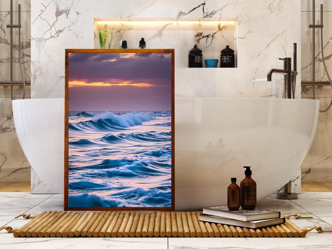 Purple Sunset over Rolling Ocean Waves Dramatic Seascape Poster - Image 2