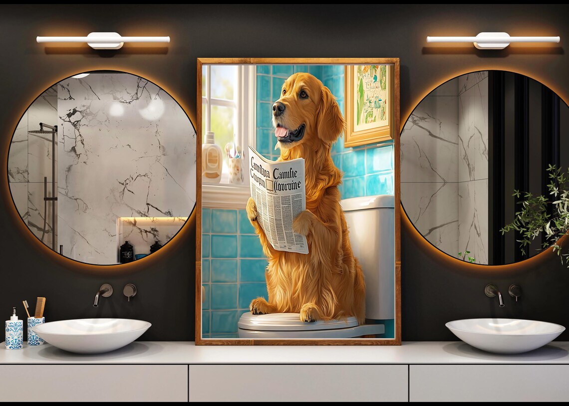 Golden Retriever Reading Newspaper On Toilet Turquoise Bathroom Poster - Image 4