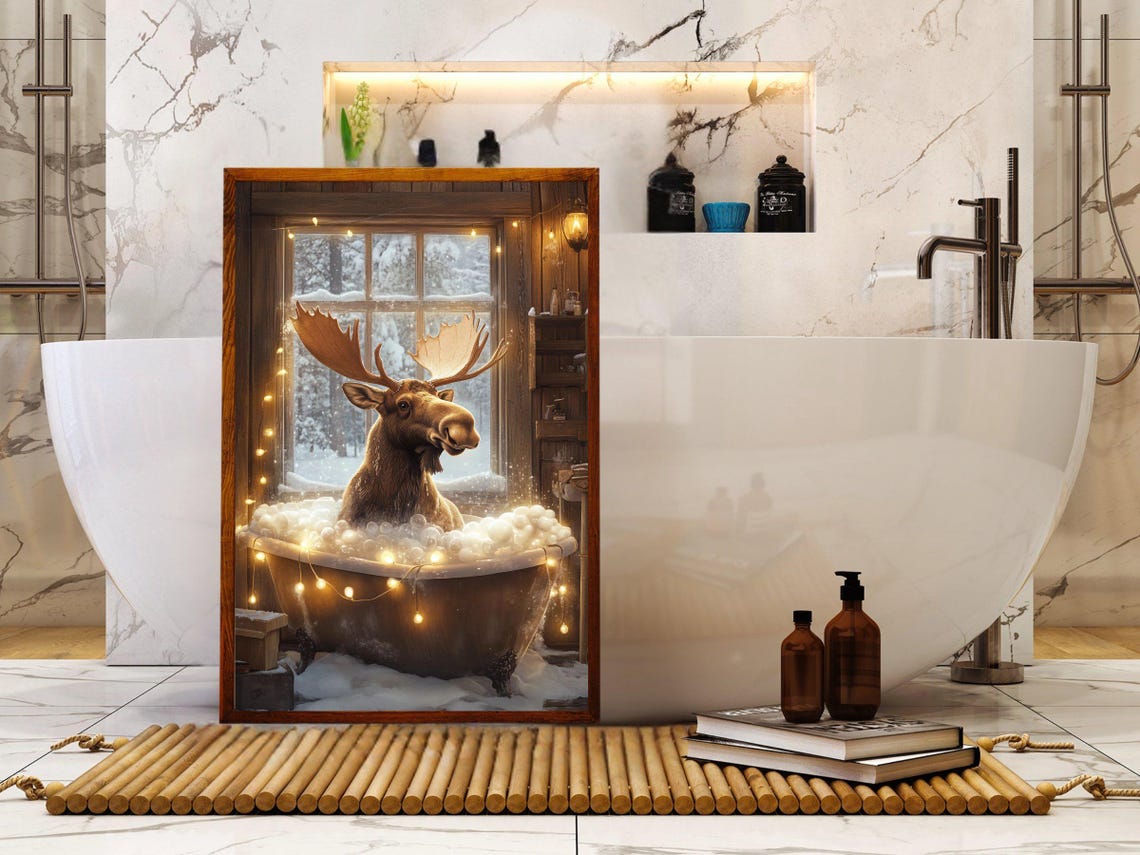 Moose in a Bubble Bath by a Snowy Cabin Window Winter Poster - Image 5