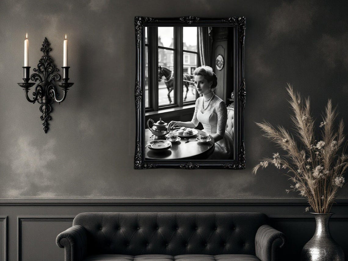 Woman with Pearls Taking Tea, Vintage Cafe Window Scene Poster - Image 4